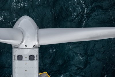 Aerial image of Nobelwind offshore wind farm off the coast of Belgium showing MHI Vestas Offshore Wind V112-3.3 MW and V90-3.0 MW turbines.