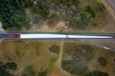 The first 115.5 metre-long Vestas V236-15.0MW wind turbine blade is transported by road from Port of Hanstholm to the Ã sterild Wind Turbine Test Center in Northern Jutland, Denmark.