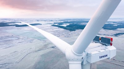 The first Vestas V236-15.0MW wind turbine stands completed on a frosty morning on December 24, 2022 at the Østerild Wind Turbine Test Center in Northern Jutland, Denmark.  The final blade was mounted on December 23, 2022.