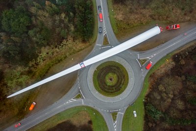 The first 115.5 metre-long Vestas V236-15.0MW wind turbine blade is transported by road from Port of Hanstholm to the Østerild Wind Turbine Test Center in Northern Jutland, Denmark.