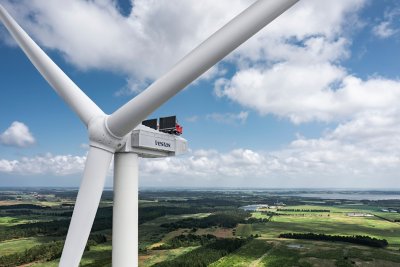 The Vestas V236-15.0MW wind turbine in operation at the Ã sterild Wind Turbine Test Center in Northern Jutland, Denmark. 