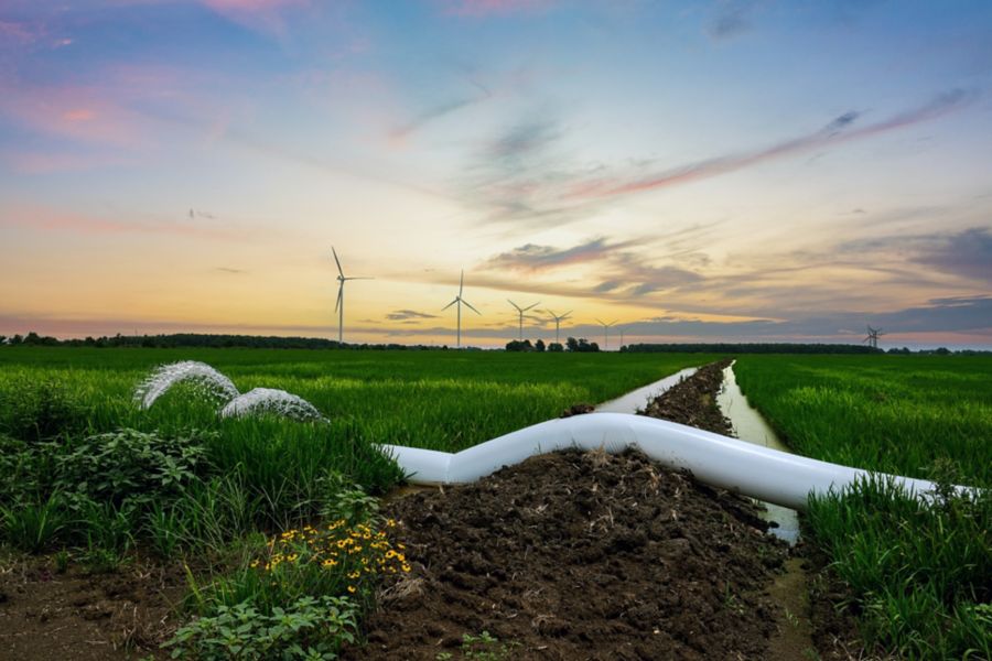 Wind turbines and agricultural land at the Delta Wind project.