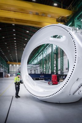 A Vestas employee inspects newly assembled components for the V236-15.0MW wind turbine at the nacelle factory in Lindø, Denmark.